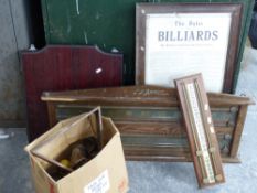 E J Riley Ltd Accrington snooker or billiards scoreboard together with a billiards rule poster,
