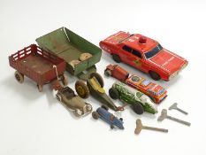 Nine tin-plate model vehicles including Tri-ang Minic, Louis Marx etc, some clockwork and some