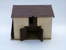 A wooden scratch built model dolls' house barn with two storeys and lift up roof, 40 x 23 x 31cm