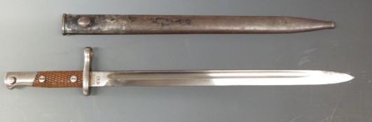 Spanish Artilleria M1893 Mauser bayonet with chequered wood grip marked PR85296 to Ricasso with