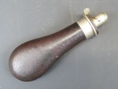 Sykes leather covered metal powder flask stamped to the top ‘Improved Best Quality Sykes Patent’,