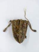 c1600 French purse of woven gold fabric with tapestry decoration in coloured silk depicting branches