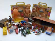 A collection of various toys including Mah Jong, Smiley Gift sets, cap gun, Hornby Dublo wagons,