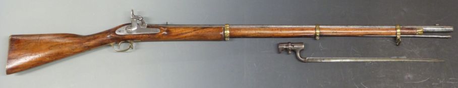 Enfield pattern three band percussion hammer action gun with lock stamped with crown and marked
