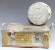 1942 metal ammunition box and a vintage Meler galvanised fuel can