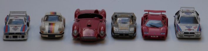 Six Burago, Polistil and Majorette large scale diecast model sports cars including Porche, Ferrari