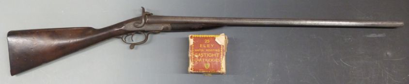 William Greaves 12 bore side by side pin-fire hammer action shotgun with engraved scenes of dogs and