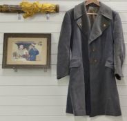 RAF great coat by Crombie with RAF buttons, size small, a two part radio set kite together with a
