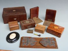A quantity of wooden boxes, Eastern bookends, burr wood box etc
