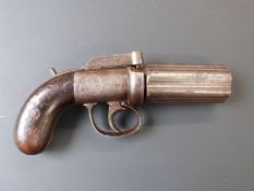 Unnamed six-shot double action bar hammer action pepperbox revolver with engraved frame, thumb slide