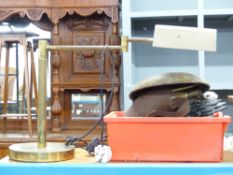 Brass desk lamp and a quantity of metalware including door knocker, hinges etc