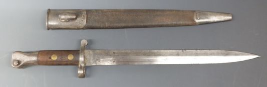 British 1888 Lee Metford bayonet marked London and 4 96 to 30cm blade, with leather and metal