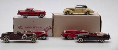 Six Franklin and Danbury Mint diecast model cars comprising The 1956 Ford Thunderbird, 1937 Cord 812