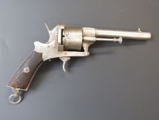 Unnamed 11mm pinfire six-shot double action revolver with chequered wooden grips, suspension loop to