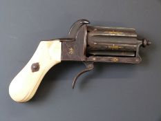 Unnamed 7mm six-shot pinfire hammer action pepperbox revolver with shaped ivory grips, folding