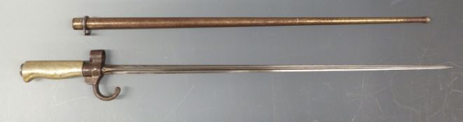 French 1886 'Lebel' bayonet stamped 18234 to quillion and scabbard, blade length 52cm