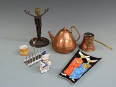 Retro lamp, Christian Wagner copper teapot, toast rack, ceramic items etc