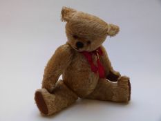 American Teddy bear, possibly Ideal, with blonde mohair, shaved snout, brown pads, pointed