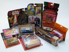 Ten Star Wars, Batman & Robin, James Bond Jr and similar action figures and model vehicles, all in