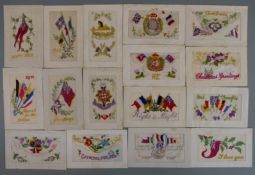 A collection of WWI silk postcards including a Gloucestershire Regiment, Royal Sussex Regiment &