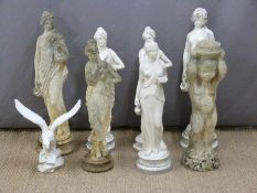Six garden statues of ladies, a bird bath base and an eagle