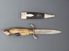 Hoof handle hunting knife, with sheath, marked with anchor & mirror finish to 10cm blade.