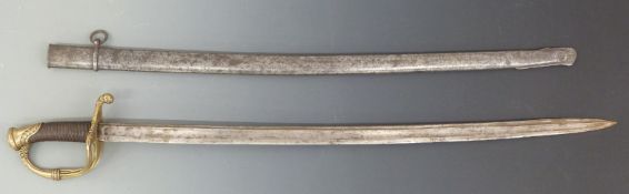 French 1821 pattern offices sword. Leather & wire grip with brass guard. blade length 77cm.