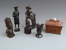 Five carved wooden figures comprising three African busts and two oriental fishermen, together