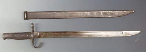 Japanese type bayonet with hook quillon, stamped 60 to hilt blade, length 39cm and metal scabbard