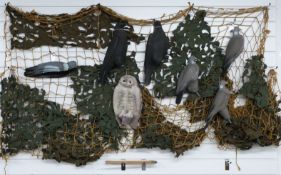 Eleven bird decoys including pigeons, owls and crows together with some camouflage netting