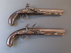 A pair of Carter fintlock hammer action holster pistols with engraved brass pineapple finialled