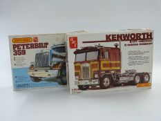 Two Matchbox AMT 1:25 scale model lorry kits Peterbilt 359 PK-6101 and Kenworth K-123 Cabover PK-