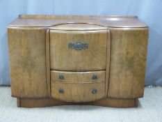 Beautility Art Deco style burr walnut sideboard with drinks cabinet to centre, W137 x D53 x H89cm
