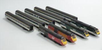 Two Hornby 00 gauge high speed trains Great Western with two engines and five coaches and Virgin