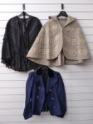 Victorian black cape, blue wool jacket with velvet collar and a braided cape