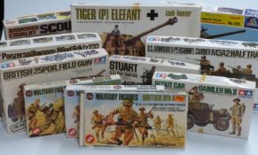 Eight Tamiya, Max and Italaerei 1:35 scale model military vehicle kits including Sherman Tank No