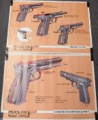 A set of two Army issue Browning 9mm LPAI pistol cutaway diagrams or explanatory posters numbered