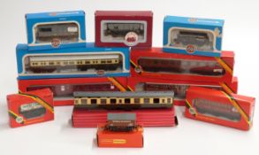 Eleven Hornby Dublo, Hornby, Tri-ang, Dapol and Airfix 00 gauge coaches and wagons including