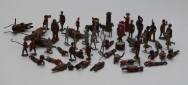 Fifty-five Britains and similar lead model soldiers and accessories including Highlanders,