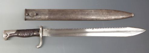 German M1898 pioneer sawback bayonet marked E & F Horster Soligan to 36cm blade with metal scabbard
