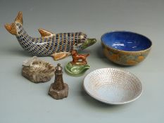 Royal Doulton pedestal bowl, large pottery dolphin, Serpentine lighthouse, bird mounted trinket dish