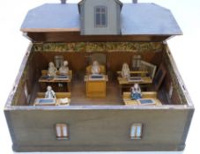 Attributed to Marklin wooden dolls' school room with five tinplate desks, six bisque headed students