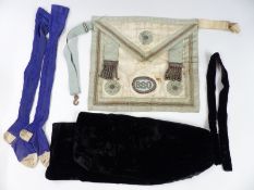 Masonic cloth apron with silk decoration and number 620 to front together with a black velvet