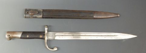 WWI German bayonet Brazilian Mauser model 1908 with leather and metal scabbard stamped 8157 to hilt,