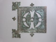 Arts and Crafts pierced copper plaque with fleur de lys decoration, height 32cm