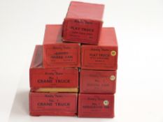 Seven Hornby 0 gauge trucks and vans comprising two No.1 Crane Trucks, No1 Refrigerator Van, No.1