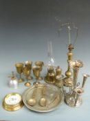 A quantity of metalware to include a silver plated epergne, brass dial barometer, oil lamp, tray