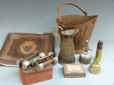 Copper helmet shaped coal bucket, WWI British 1lb 'pom pom' anti-aircraft shell stamped VSM (