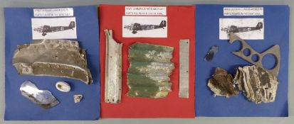 WWII wreckage parts of a German Junkers JU52 found in the Kent area, mounted on three boards