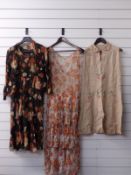 Three Edwardian day dresses, two floral chiffon and one embroidered linen